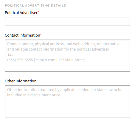 Political advertiser details page with name, contact information, and other information fields