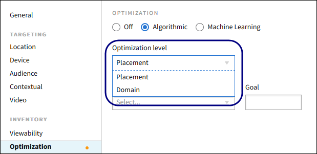 The optimization level dropdown on the optimization tab with placement and domain options