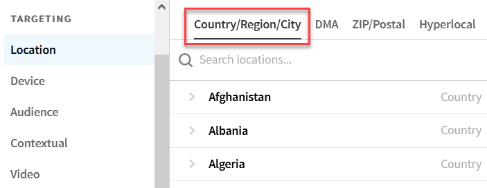Tactic editor location targeting window with country/region/city highlighted. 