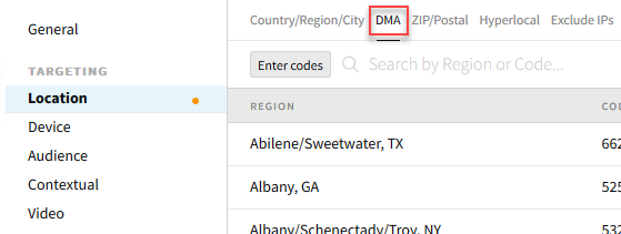 Tactic editor location targeting window with DMA highlighted. 