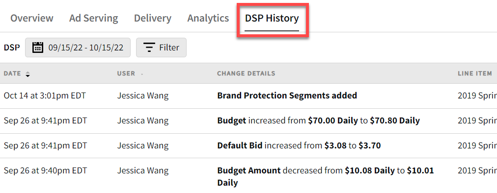 The DSP history tab on a campaign